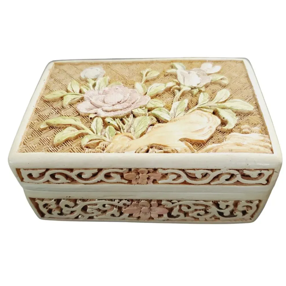 Vintage Ivory Cinnabar Floral Carved Trinket/Jewelry Box & Lid Purple Rose MCM